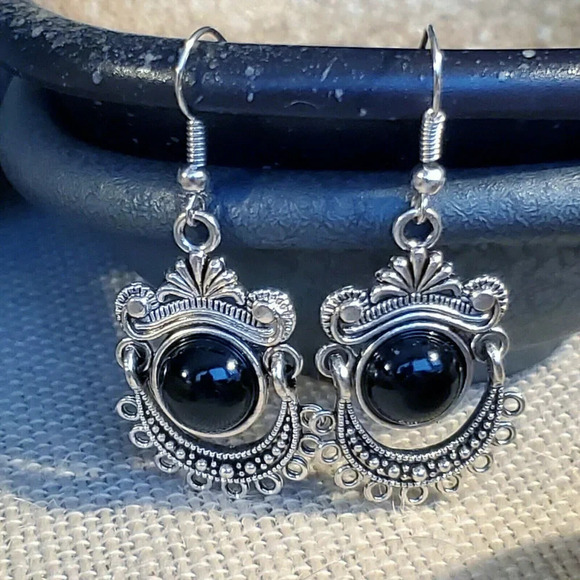 Hand Crafted Antique Silver Plated Black Porcelain Stone Dangle Earrings - Picture 5 of 8